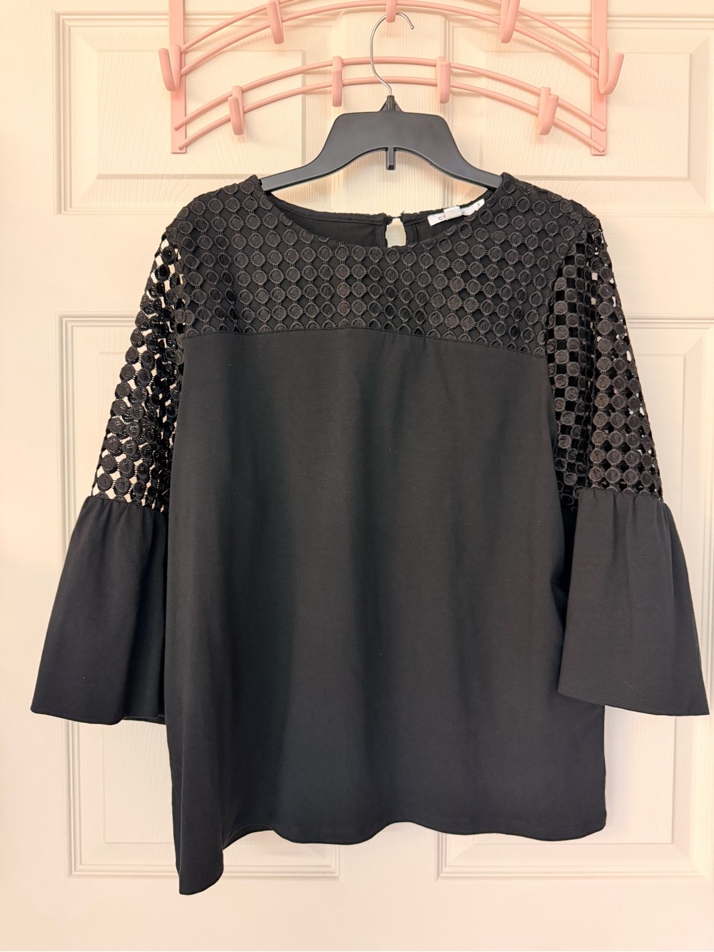 Chico's Black Crochet Yoke Bell Sleeve Blouse